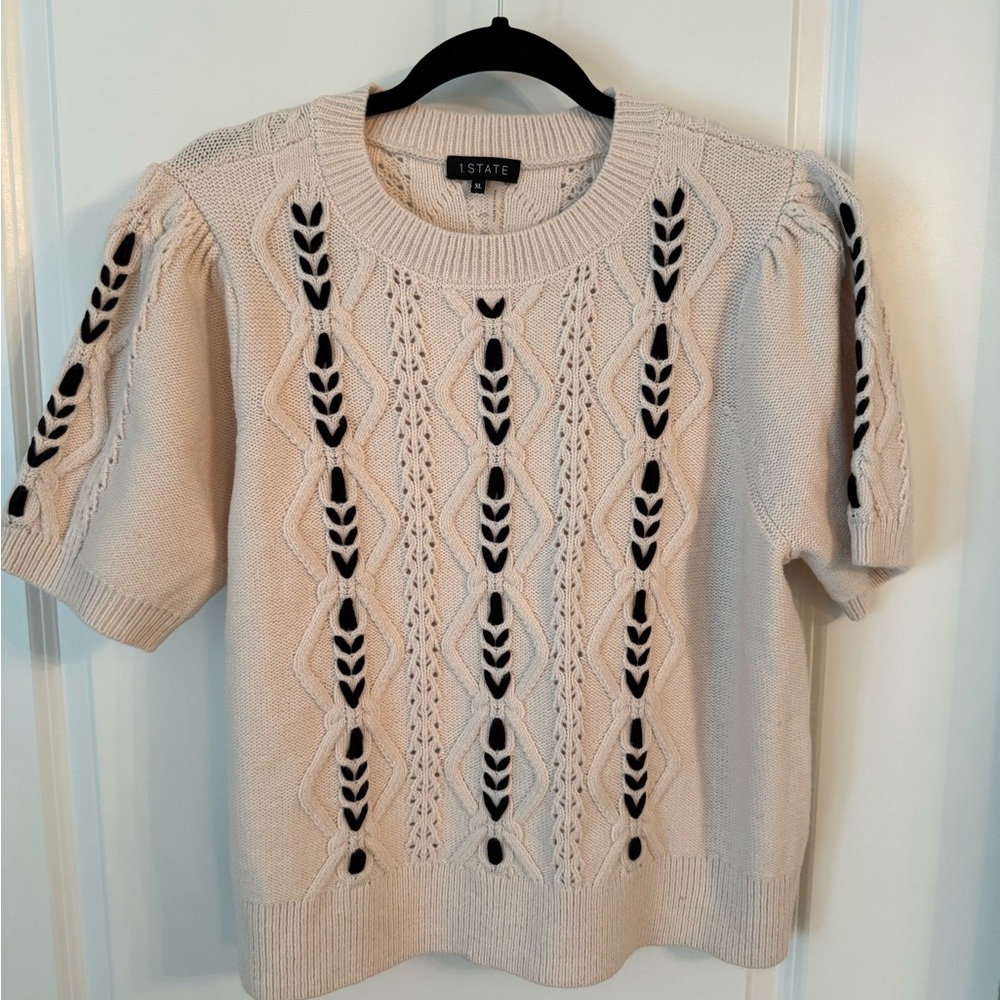 1. State Cream Knit Short Sleeve Sweater with Black Embroidery